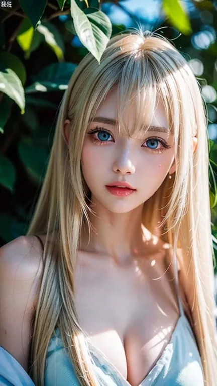 A perfectly beautiful face、super long messy silky beautiful blonde 、 beautiful cute girl 、 sexy and very beautiful cute face 、 beautiful cute sexy bright pale sky blue big eyes、long beautiful bangs 、 very super long beautiful blonde shiny silky hair、Very w...