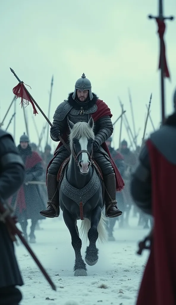 A dramatic medieval battle scene. Prince Alexander Nevsky, mounted on a powerful horse, leads his troops into battle on the icy surface of Lake Peipus against the Livonian Order. The chaos of the battlefield is all around, with clashing swords and roaring ...