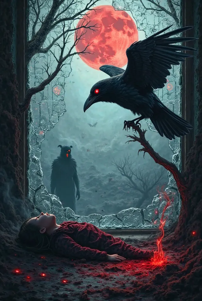 Book Cove

1. A haunting, gothic atmosphere with a shattered window, jagged glass shards glinting under a pale, cold moonlight.  
2. A crow with glowing, unnatural eyes perched on a gnarled branch, its feathers black as the void, casting an ominous shadow....