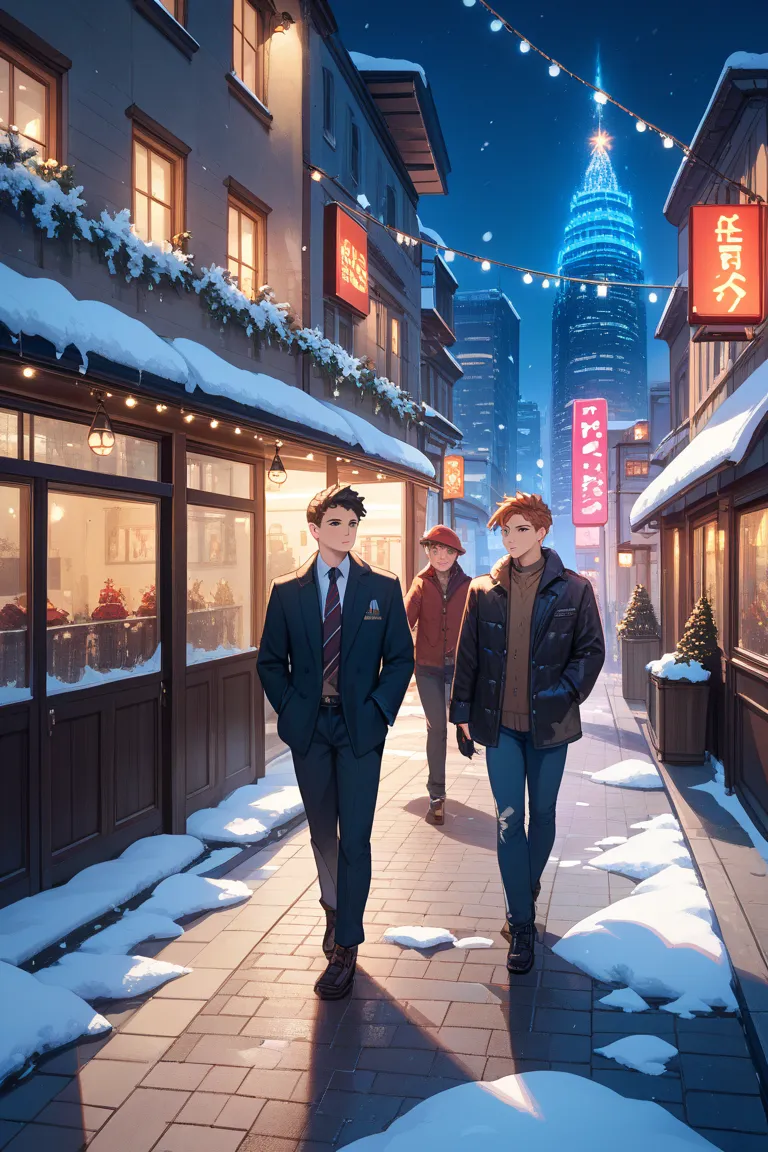 A winter night in the city, illuminated by neon lights. The buildings and streetlights create a romantic atmosphere. A thin layer of snow covers the sidewalk, and subtle Christmas decorations add warmth to the scene. Two men walk side by side—one in a styl...