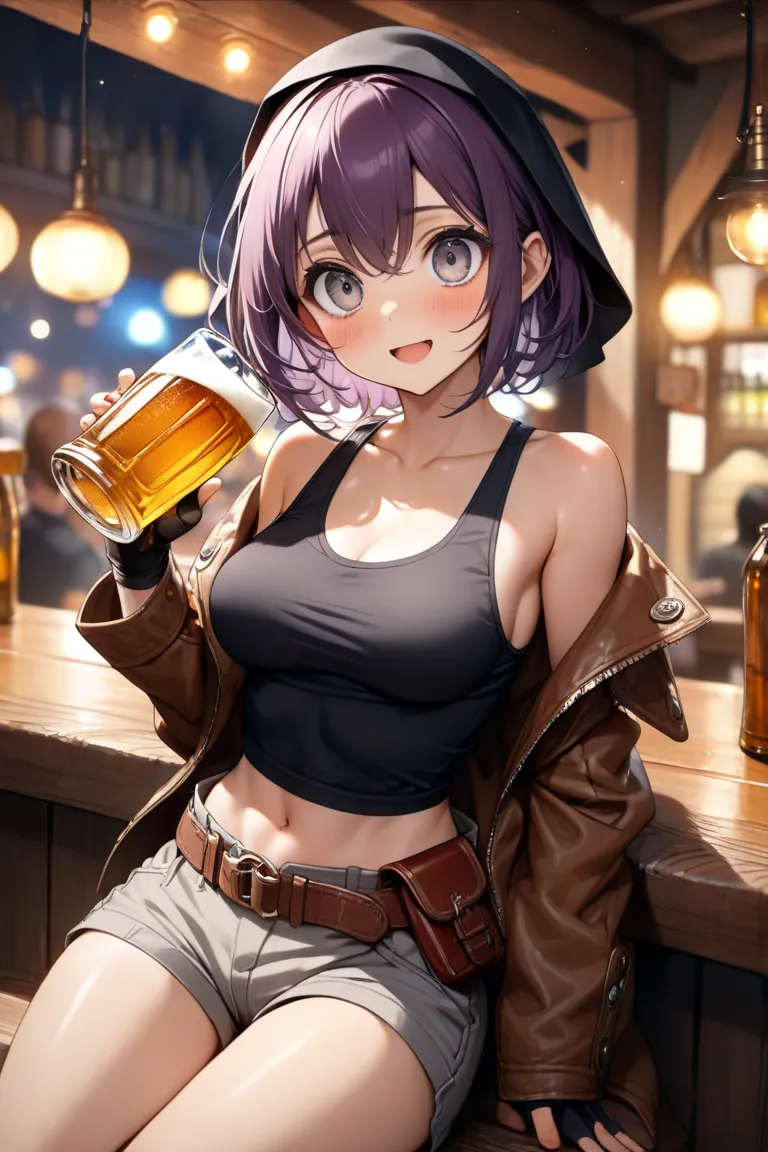 sitting cross-legged at a tavern at night and drinking beer、 1girl 、The inside of the store is full、Drunk, red, and laughed a lot with a cheerful expression、grab the handle of a beer mug and drink it all at once in a delicious way、angle close to your face、...