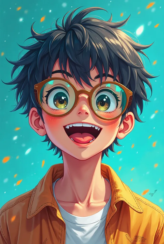 Dark turquoise background, age boy in transparent sunglass, eyes, painter, wide smile with tounge out, summer wide, painter dress, anime boy, digital drawing, detailed, masterpiece, whole body picture