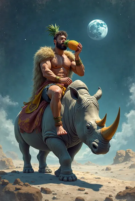 Hercules eating pineapple on top of a rhinoceros on the moon