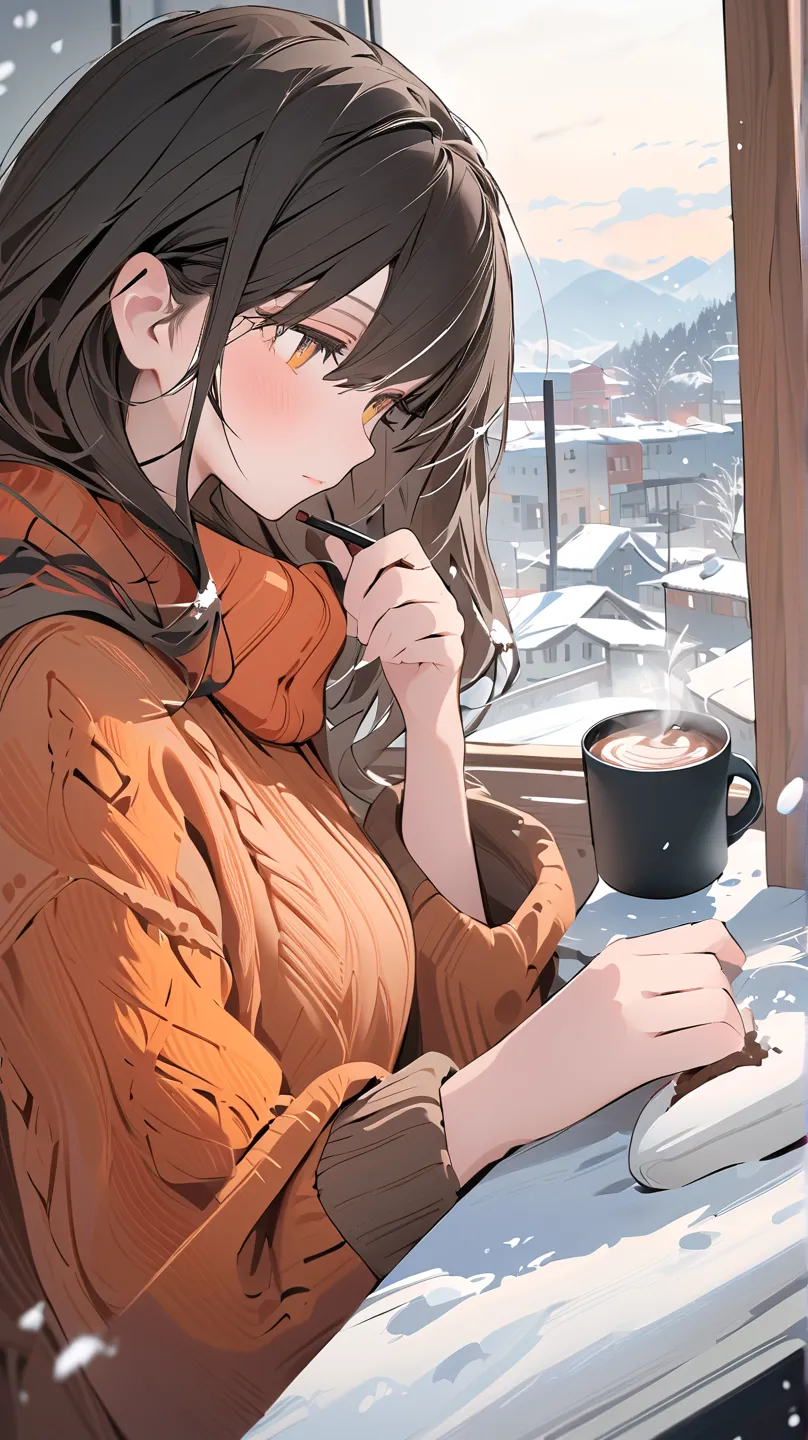 Top quality, masterpiece, beautiful illustration, close-up of a woman's upper body,
A winter morning with snow falling quietly outside. In a heated studio, a girl is working on a large canvas wearing a thick knit. Hot cocoa is steaming, and her feet are wa...