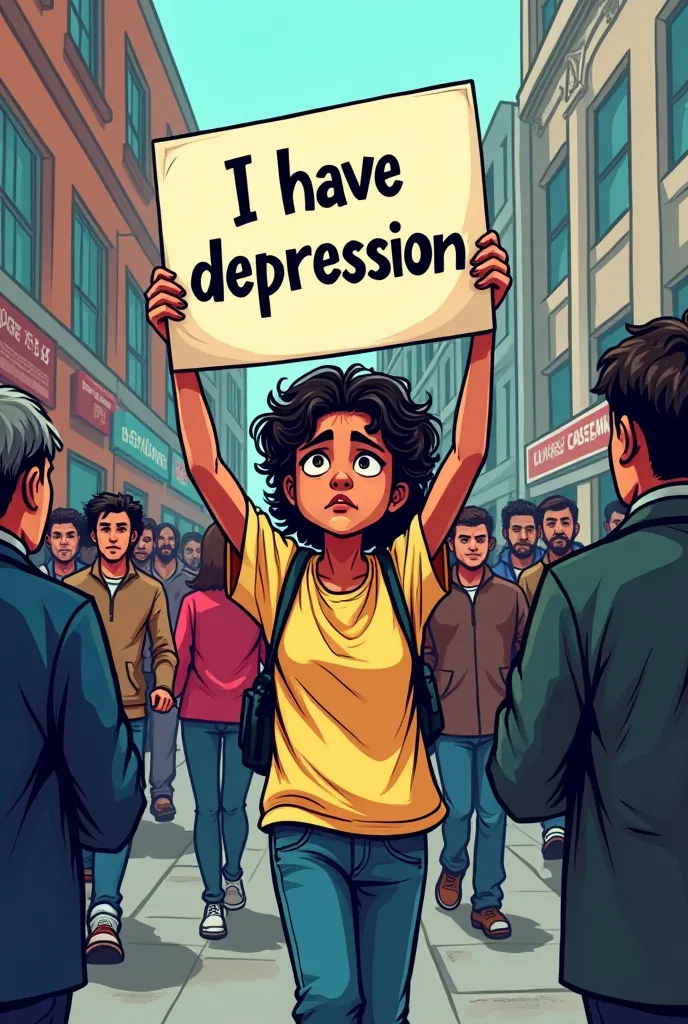 A cartoon about mental health showing a person holding a sign that says "I have depression", while people run away from it as if he has an infectious disease
