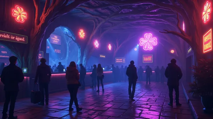 2d background of a night club stylized as wooden den, fantasy night club, with neon clovers signs, walls made out of roots, mix of 2d and 3d art, playrix style, neon lights, rock club