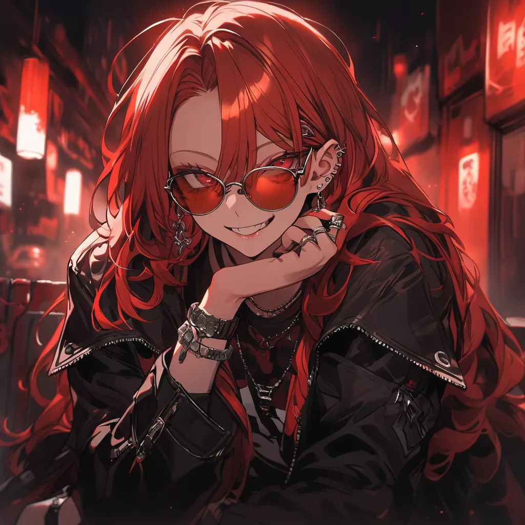 hidden hair, Alone, long hair, viewers, smile, bungs,  shirt, Red Eyes, long sleeve,  jewelry, sitting, jacket, upper body, red hair, earrings, glass, teeth,  green, open jacket, black jacket,  piercing above spo, sunglass, ring, ear  piercing above spo, c...