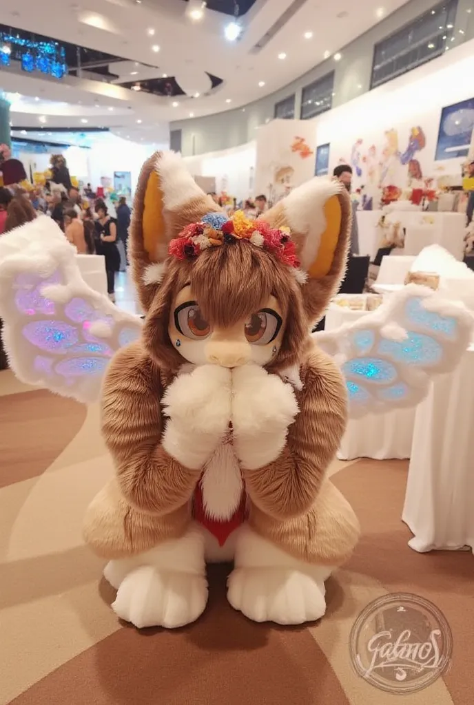 cute autumnal light brown fennec fox girl with long brown hair, with eyelashes, flower crown, in a convention center, with angel wings, ears piercings, hands over her mouth, orange eyes