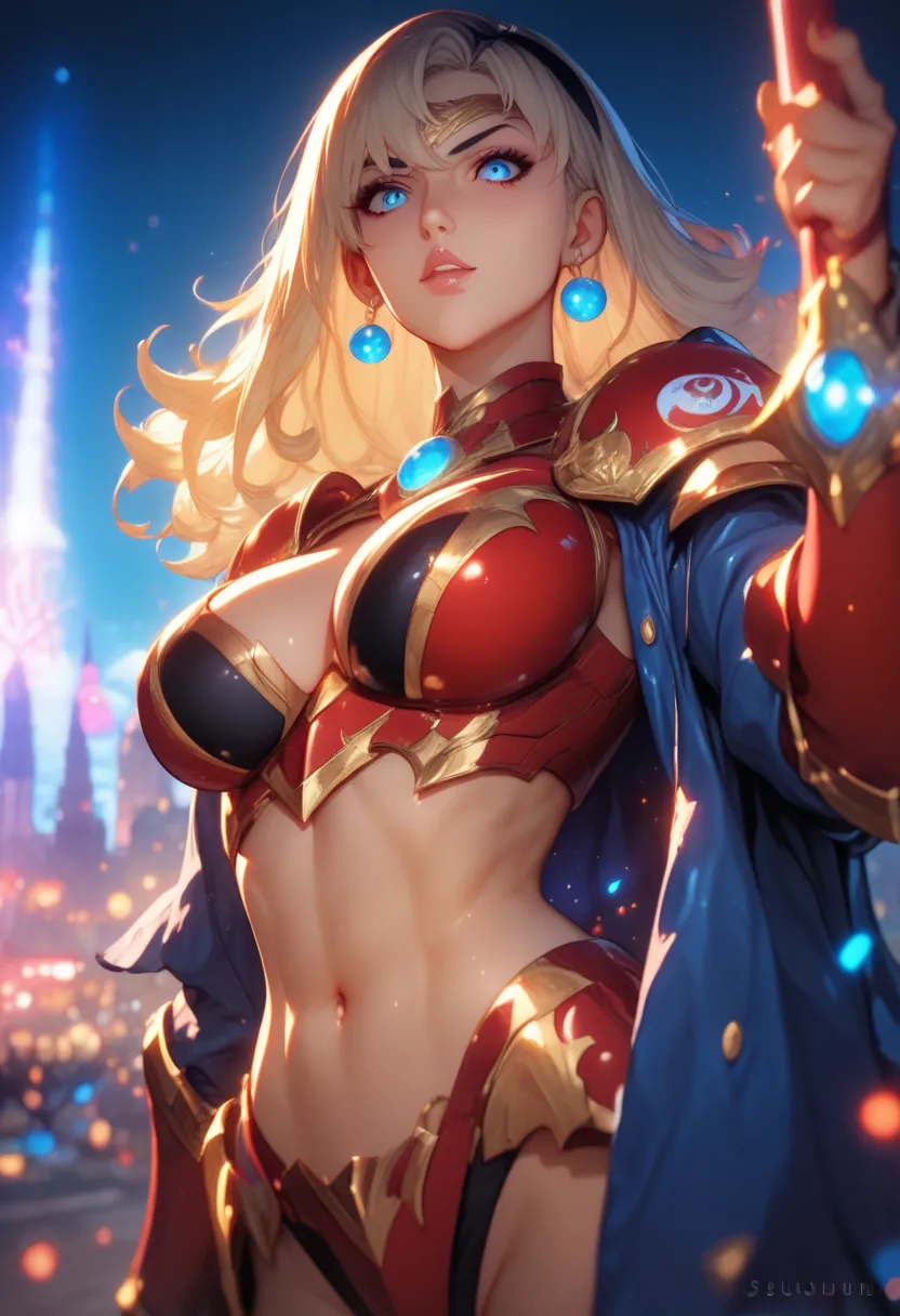 anime superwoman wearing the epic Cosmic Flame red armor bikini Susano'o, wearing blazing blue jacket, the armor looks like Kunoichi, large breasts,  cleavage, Photogenic superwoman, 4K UHD Susanoo armored DC heroes, city background at night, cosmic color ...