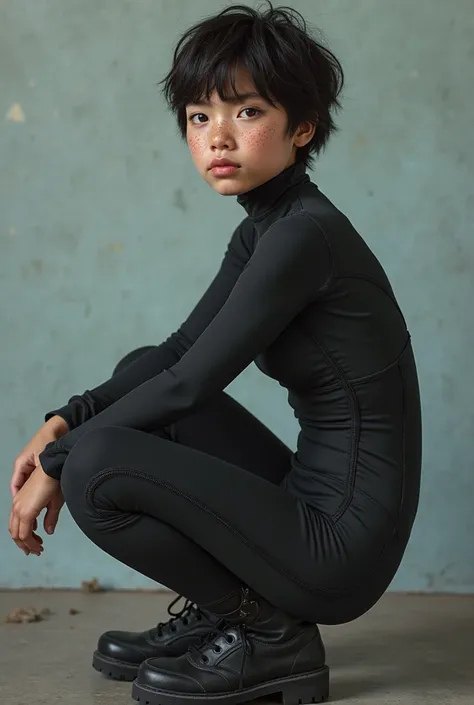 Hyperrealism. Attractive young age girl wearing a black detailed neoprene zip front diving suit and knee high heavy boots with really thick soles. On her knees. Full height, from the top of the head to the feet. Short skinny tiny tits girl in technical com...