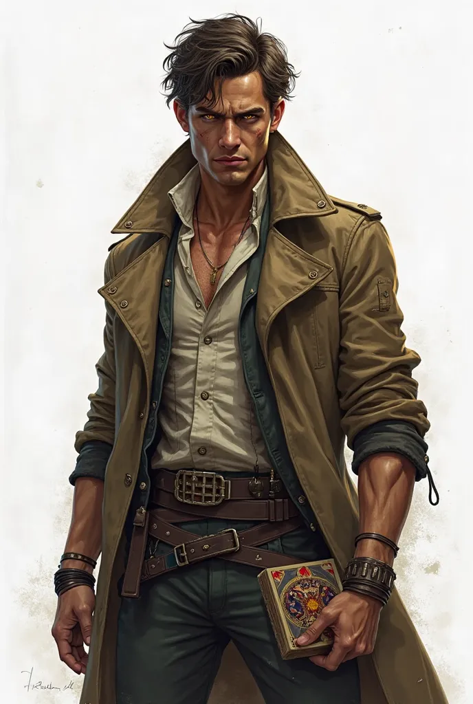 Illustration Poster, A full-body Young Protagonist Male, Best quality. Masterpiece. Rugged, lean but strong, piercing golden eyes, weathered face, scars from past battles. Wears a long duster coat and is always carrying a worn-out glowing power deck of pla...