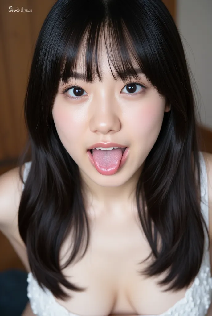 girls,    black hair,  Long Hair ,  open your mouth  wide and stick your tongue out, Accurate eye expressions, Correct tongue expression, sticking out her tongue, Accurate facial expression, masterpiece,  Ultra High Resolution , very well detailed, details...