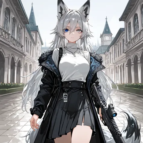 fox girl, fox ears, fox teils, grey hair, long hair, hair between eyes, Bangs Tail, long coat, half skirt, Japanese sword, 1girl, parka, off shoulder, beautiful eye,(grey eye:1.5),(blue eye:1.3) HD, high resolution, UHD, top quality, masterpiece, high re...