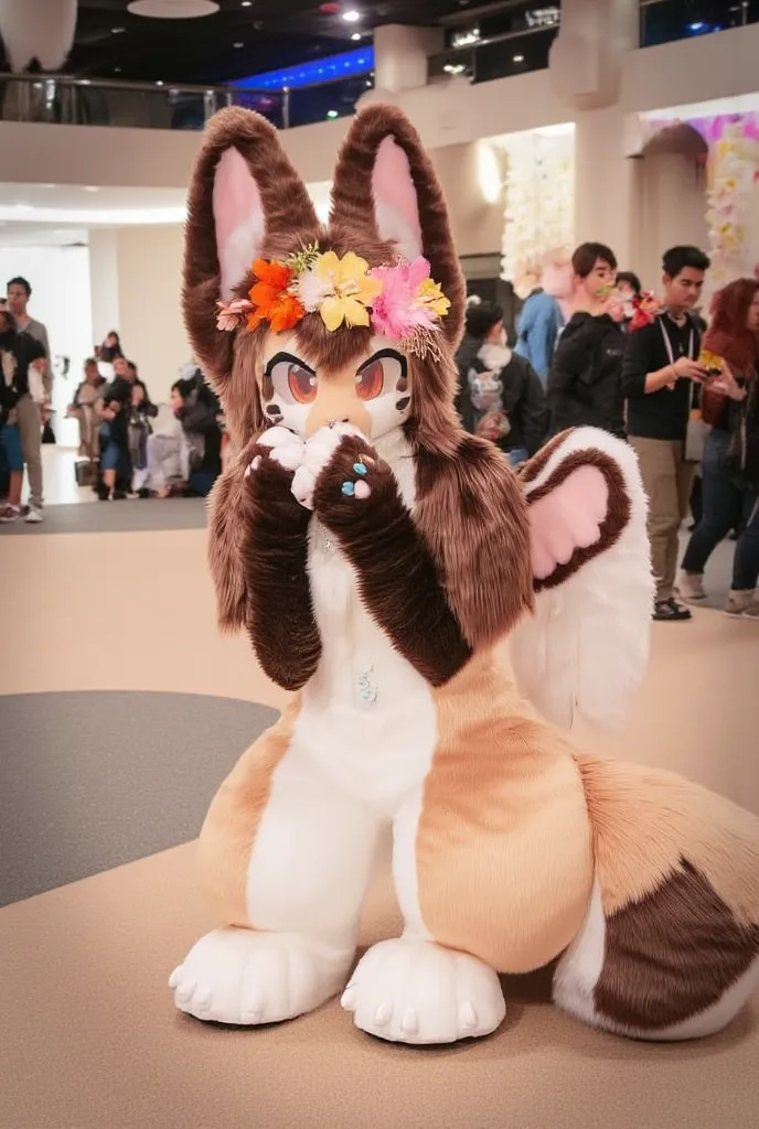 sitting cute autumnal light brown fennec fox girl with long dark brown hair, with eyelashes, flower crown, in a convention center, with angel wings, ears piercings, hands over her mouth, orange eyes