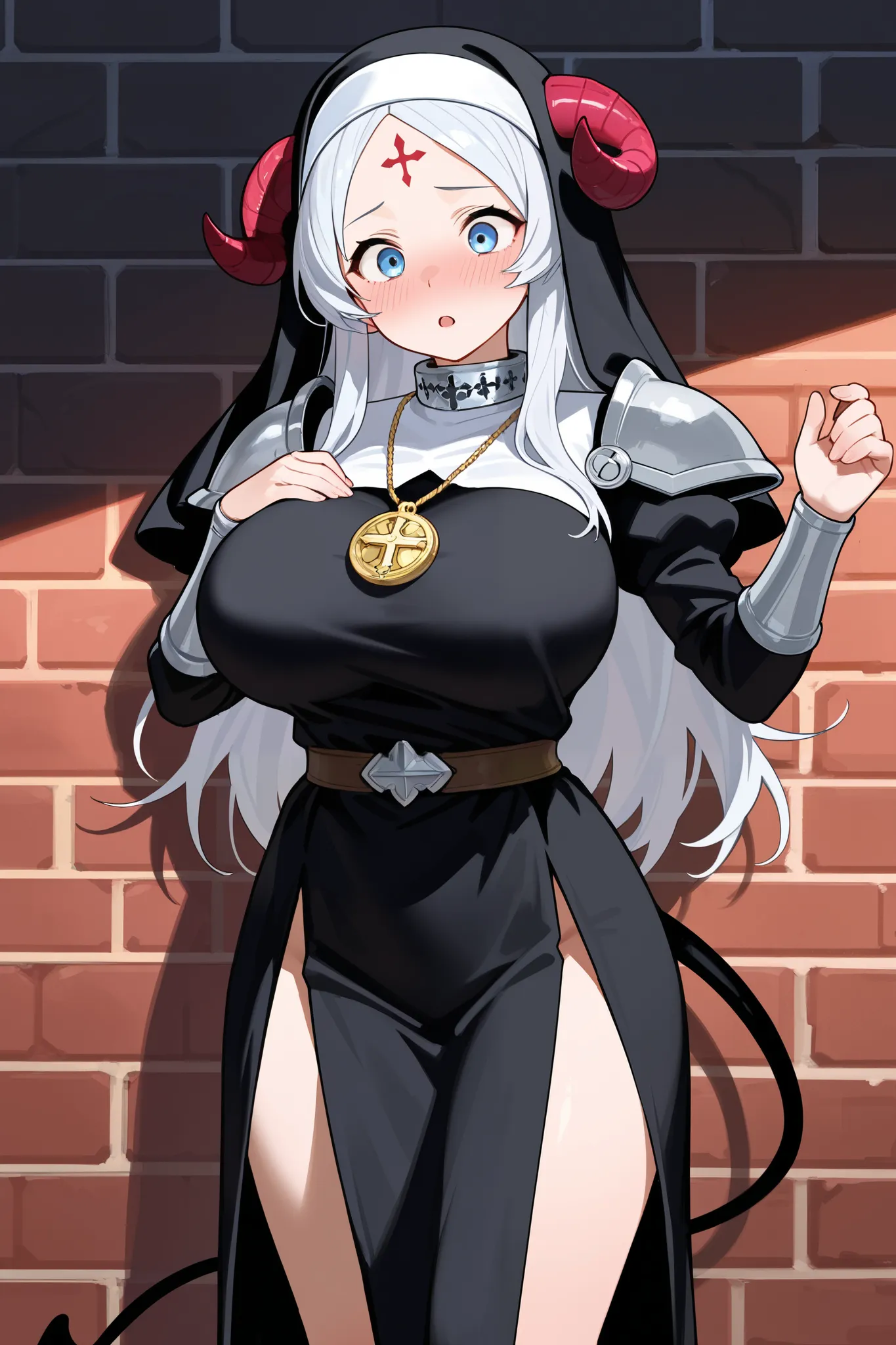 A girl with long silver-white hair and bright blue eyes, dressed in black and white nun clothes. Little red succubus horns on the forehead. The tail of a succubus in the back. Face with a blush,  looks at himself in surprise. big breast. The outfit combine...