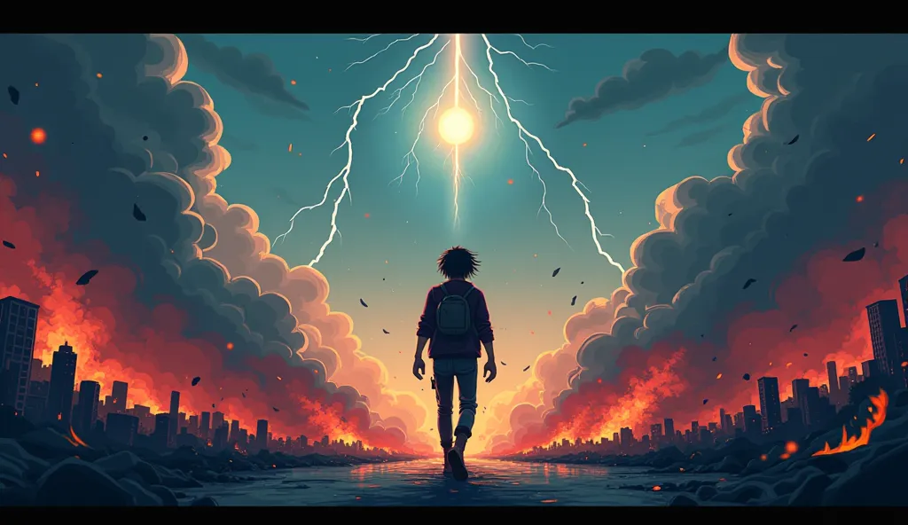 A 2D side-scrolling animation, designed like a pixel-art or hand-drawn video game, following a rebellious young man on his journey through a ruined world. The scene moves like a side-scrolling game as he walks, occasionally breaking into a desperate run. T...