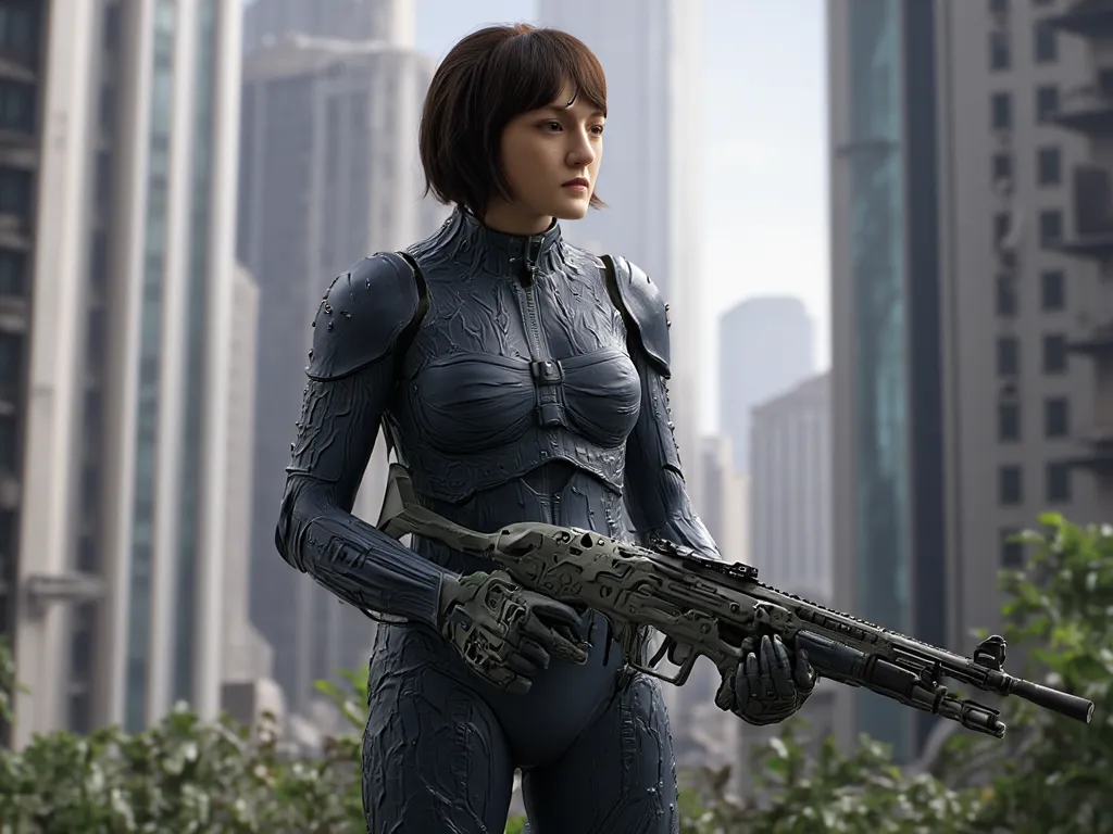 High Resolution, cinematic lighting, A girl in a cyborg suit is standing with a gun ,Short hair with bob cut ,    Future City,Telephoto Lensバイオメカニカルスナイパーライフルを持った女兵士， Telephoto Lens、