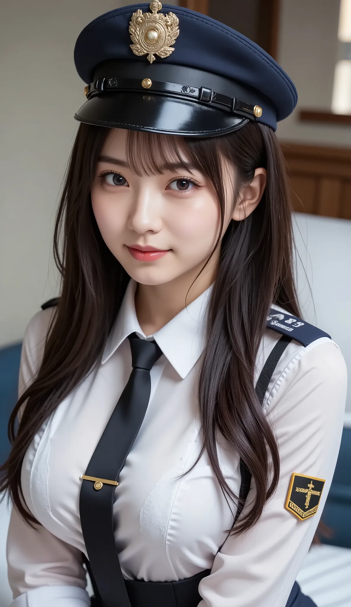 (  police uniform ,  tie,  police hat,  color shirt : 1.4), (Arcuate Cleavage    : 1.3), (police vehicle background   : 1.4), ( so that the face is in the center of the image : 1.4), (salute : 1.3), (Delicate real hair   ,  Realistic black hair), bungs, sm...