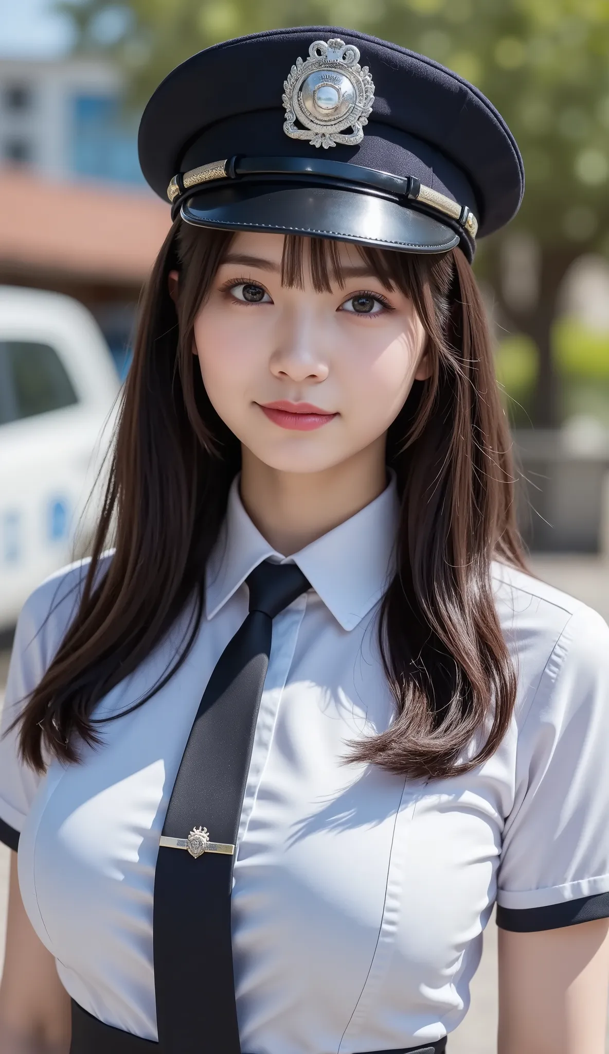 (  police uniform ,  tie,  police hat,  color shirt : 1.4), (Arcuate Cleavage    : 1.3), (police vehicle background   : 1.4), ( so that the face is in the center of the image : 1.4), (salute : 1.3), (Delicate real hair   ,  Realistic black hair), bungs, sm...