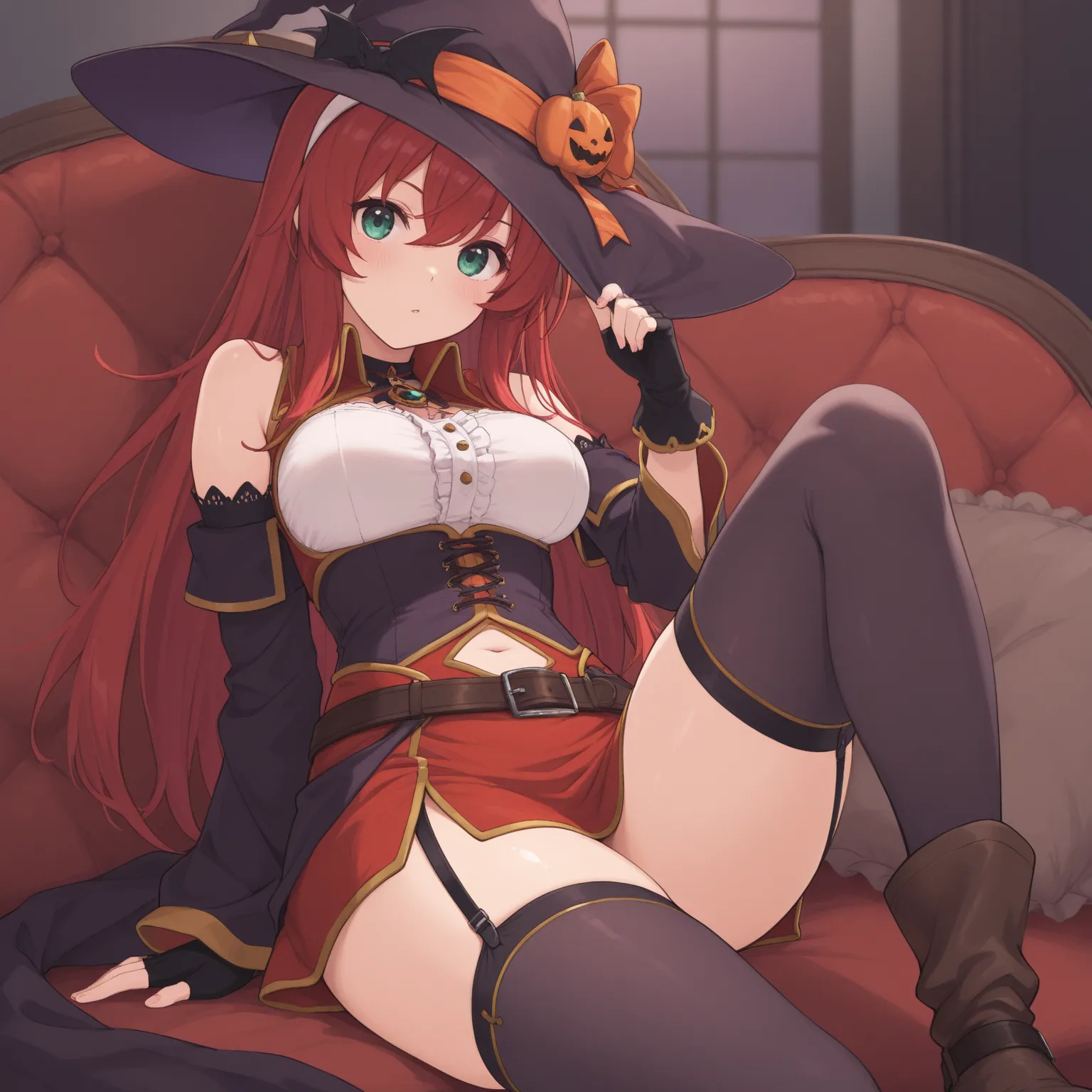 masterpiece,best_quality,1girl,solo,halloween mia,witch hat,white hairband,detached sleeves,fingerless gloves,dress,belt,navel cutout,garter straps,thighhighs,boots、笑う、ハロウィン、祭