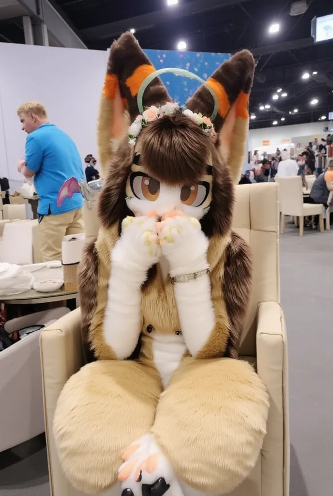 sitting on a sofa cute autumnal light brown fennec fox girl with long dark brown hair, with eyelashes, flower crown, in a convention center, with angel wings, ears piercings, hands over her mouth, orange eyes