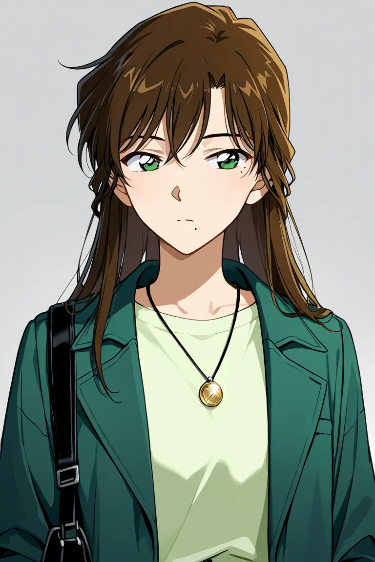 
anime digital artwork, inspired by “Detective Conan” of a woman with a neutral gray background. The subject has long, straight brown hair with bangs partially covering one eye. They have light skin and green eyes, with a small mole above the lip on the le...