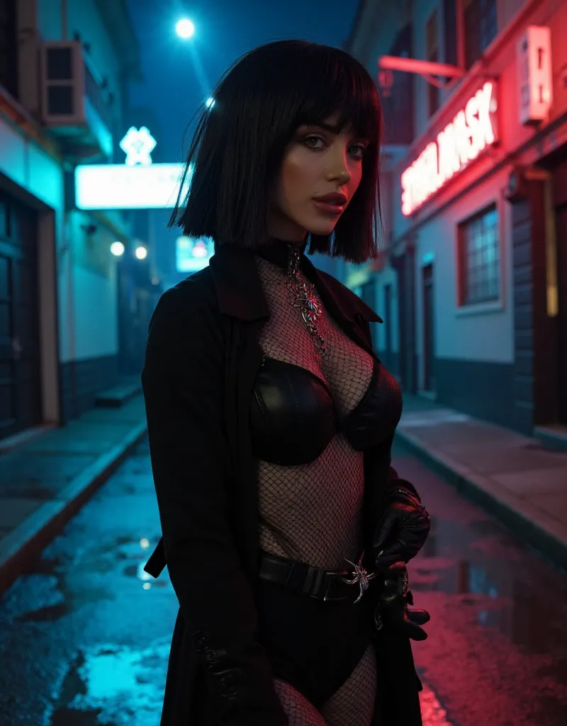 A high-resolution, cinematic portrait in the style of Peter Lindbergh, capturing a L3STR4NG3 with an air of quiet intensity, standing alone on a dimly lit city street. The wet pavement reflects the flickering glow of neon signs, casting eerie blue and crim...