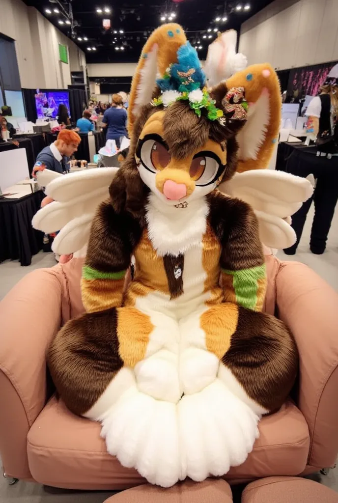 sitting on a sofa cute autumnal light brown fennec fox girl with long dark brown hair, with eyelashes, flower crown, in a convention center, with angel wings, ears piercings, hands over her mouth, orange eyes