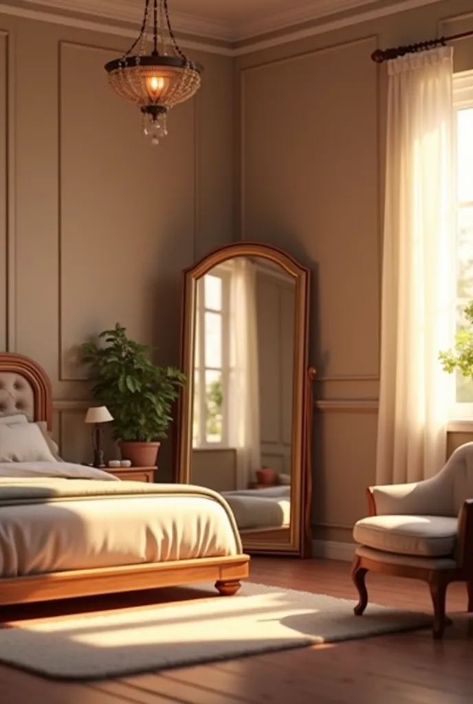 Create 3d animation image in 16.9size bedroom with standing mirror 