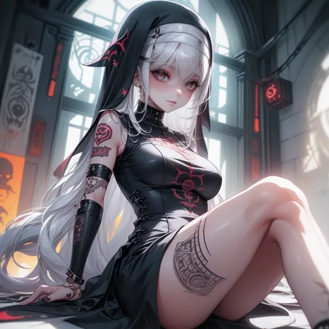  1 woman, MACABRE, (((((Horror))))),long white hair, long hair, white hair, purple eyes, nun, ((nun, nun,  long dress )) Tattoos on arms, colorful koi tattoos,  Cyberpunk, neon, Loose hair, (((sitting))),  1 woman, one girl, ((GHT, gothic punk girl)), (((l...