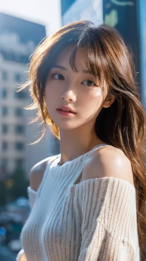 (highest quality、8K、32K、masterpiece、nffsw:1.2)、photo of cute japanese woman、medium breasts、(wolf cut)、(Semi-long dark brown hair),full body shot、surface focus、((High-neck sweater with exposed shoulders))、necklace、From above、When I look at the viewer, I see...