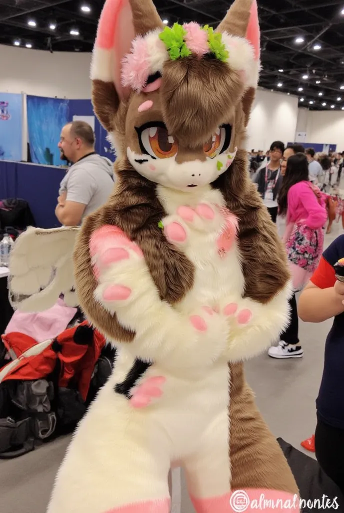 cute fluffy autumnal light brown fennec fox girl with long dark brown hair, with eyelashes, flower crown, in a convention center, with angel wings, ears piercings, hands over her mouth, orange eyes, black nose