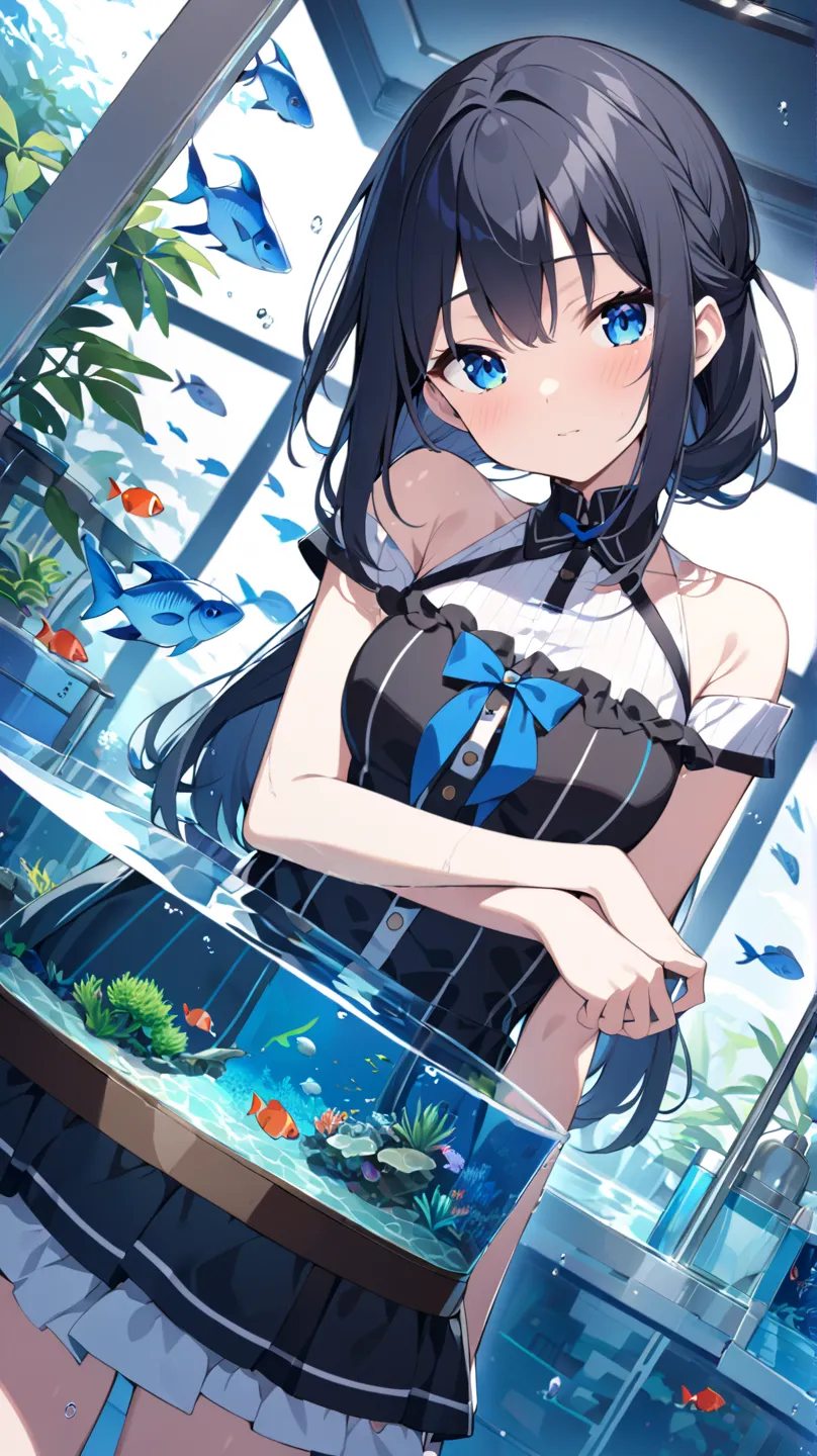  Aquarium 、hidden hair, solo, blue eyes,  black hair, dutch angle, 