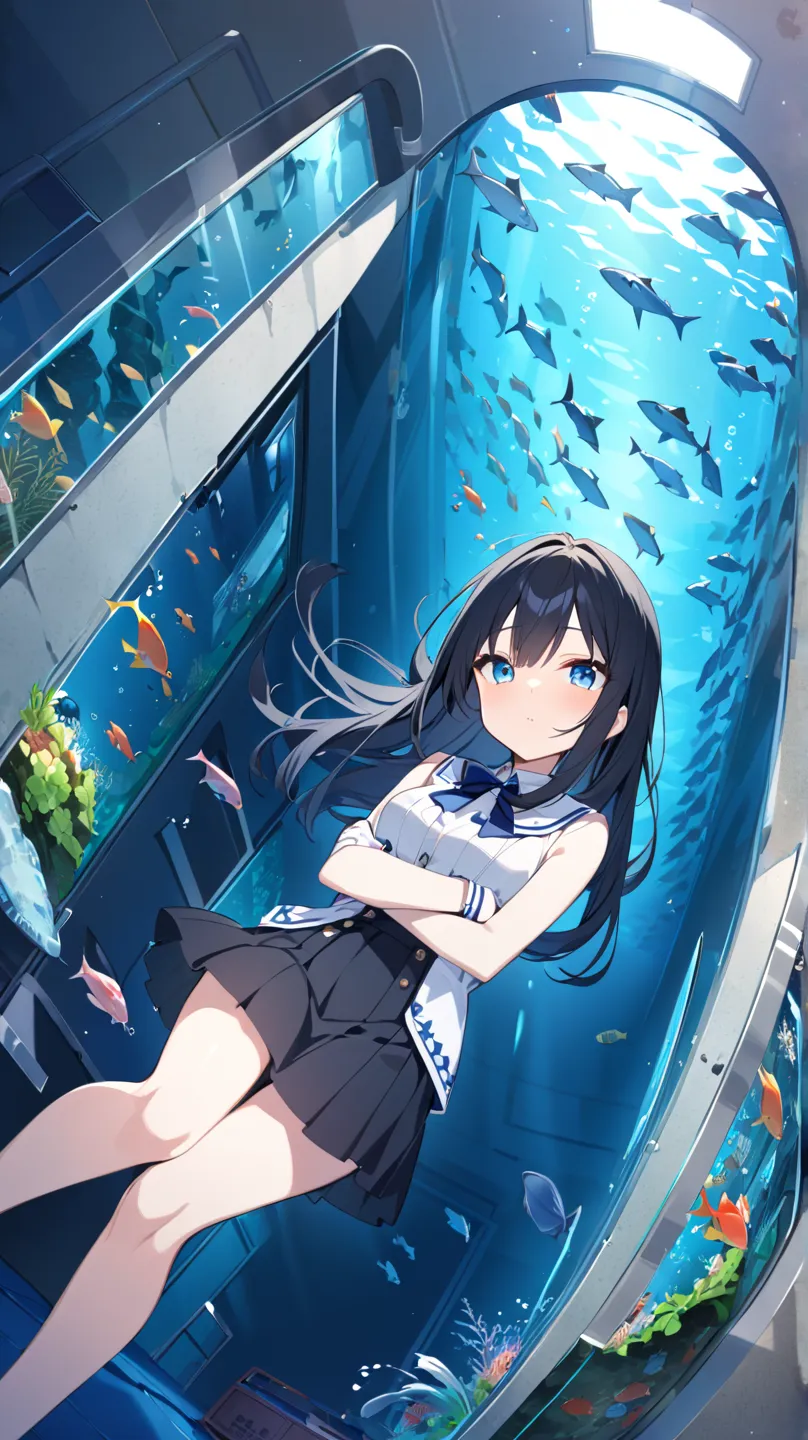  Aquarium 、fish tank tunnel、1 girl who died, solo, blue eyes,  black hair, dutch angle, 