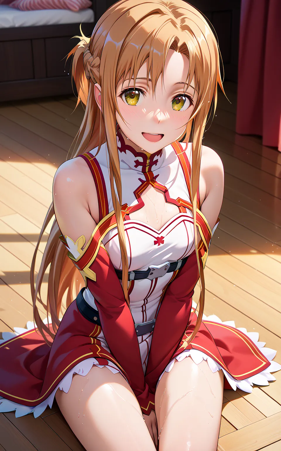 (Asuna yuuki of SAO:1.2),   Old Girl 、open your mouth and laugh、Dark brown hair、Silky Hair、beautiful hair、brown eyes、 beautiful eyes、shining eyes、textured skin、beautiful skin、white skin、small breasts、(Asuna costume from Sword Art Online:1.35)、Right next to...