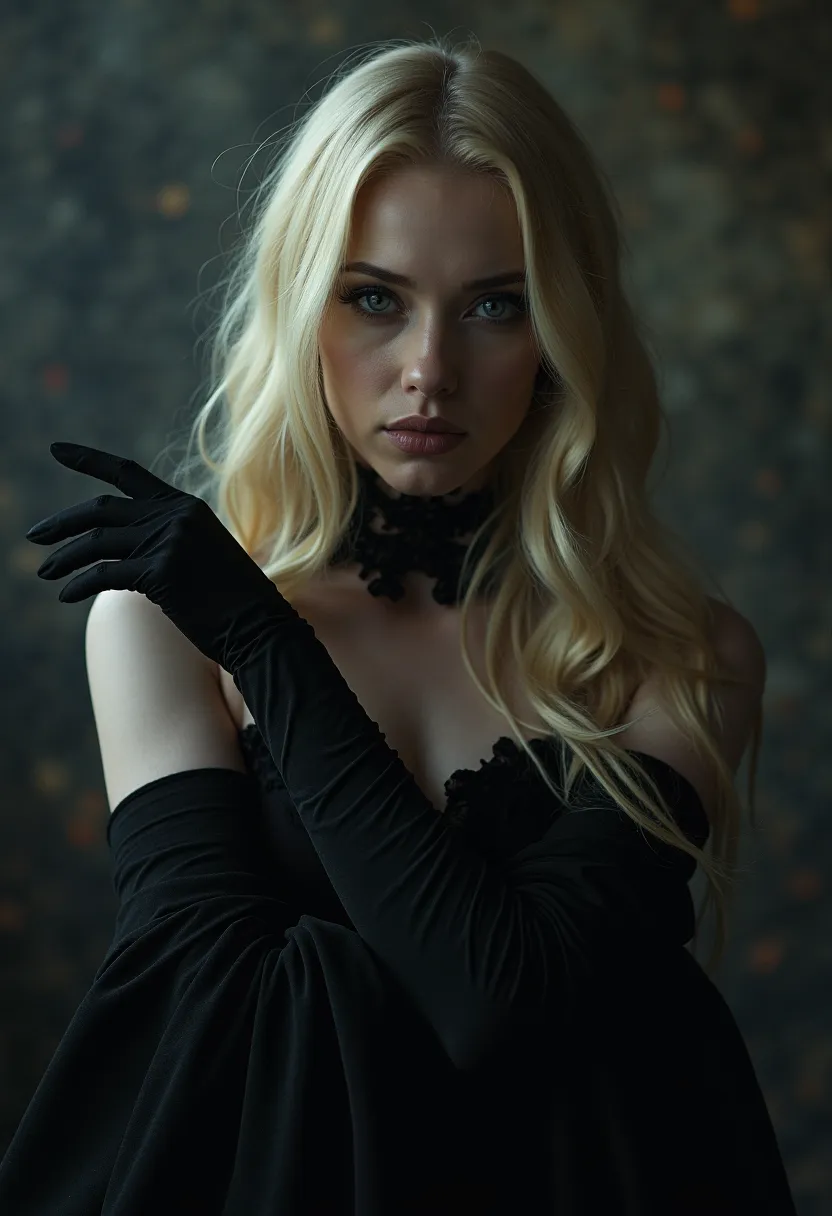 arafed woman with long blonde hair and black gloves posing for a picture, gothic princess portrait, glamour portrait, dark fantasy portrait, inspired by Jean-Jacques Henner, wearing gothic accessories, creepy gothic portrait, editorial portrait, fashion po...