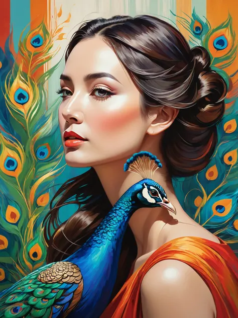 Create a stylized painting of a woman in profile, rendered in a vibrant and expressive style with bold colors and simplified forms.  She should be depicted with a serene expression, holding a peacock feather in her hand, and a peacock should be visible nea...