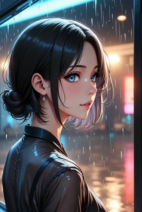 Hitting Rain、Drops Flowing from Eaves、Scenery through the glass、Raindrops on Glass、High Quality of a Depressed Woman's Face Reflected on Glass,4K resolution,HDR,Ultra detailed depiction ,real,Photo,Expert Touch,Clear Focus,Bokeh Background,vibrant colors,D...