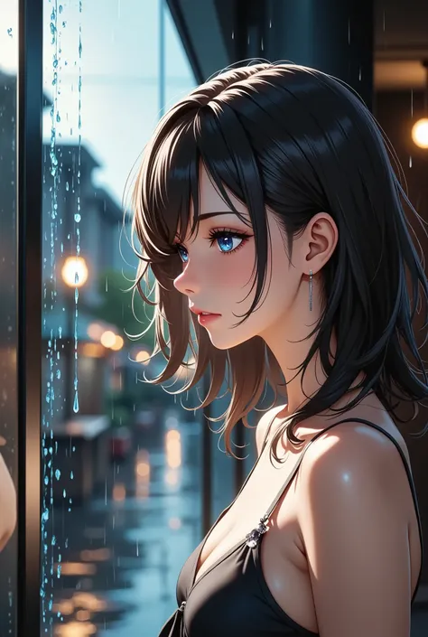Hitting Rain、Drops Flowing from Eaves、Scenery through the glass、Raindrops on Glass、High Quality of a Depressed Woman's Face Reflected on Glass,4K resolution,HDR,Ultra detailed depiction ,real,Photo,Expert Touch,Clear Focus,Bokeh Background,vibrant colors,D...