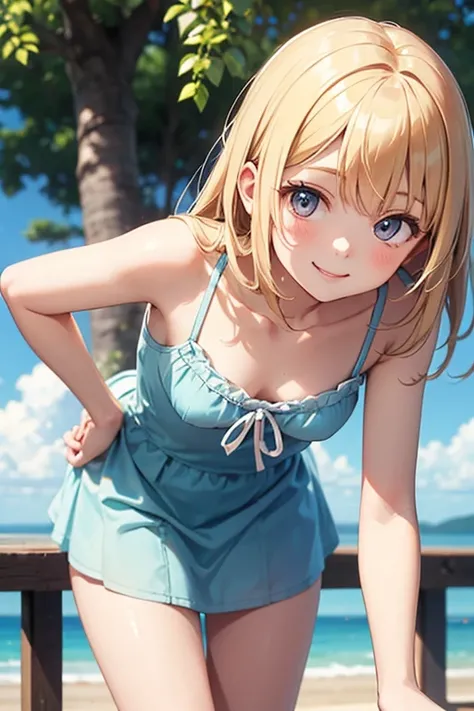 cute very young flat chested girl, in cute summer dress. She's leaning forward towards you and smiling because she knows she's teasing you