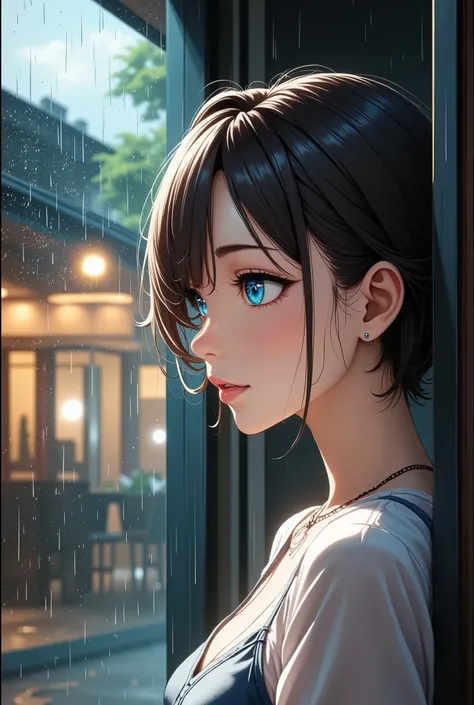 Hitting Rain、Drops Flowing from Eaves、Scenery through the glass、Raindrops on Glass、High Quality of a Depressed Woman's Face Reflected on Glass,4K resolution,HDR,Ultra detailed depiction ,real,Photo,Expert Touch,Clear Focus,Bokeh Background,vibrant colors,D...