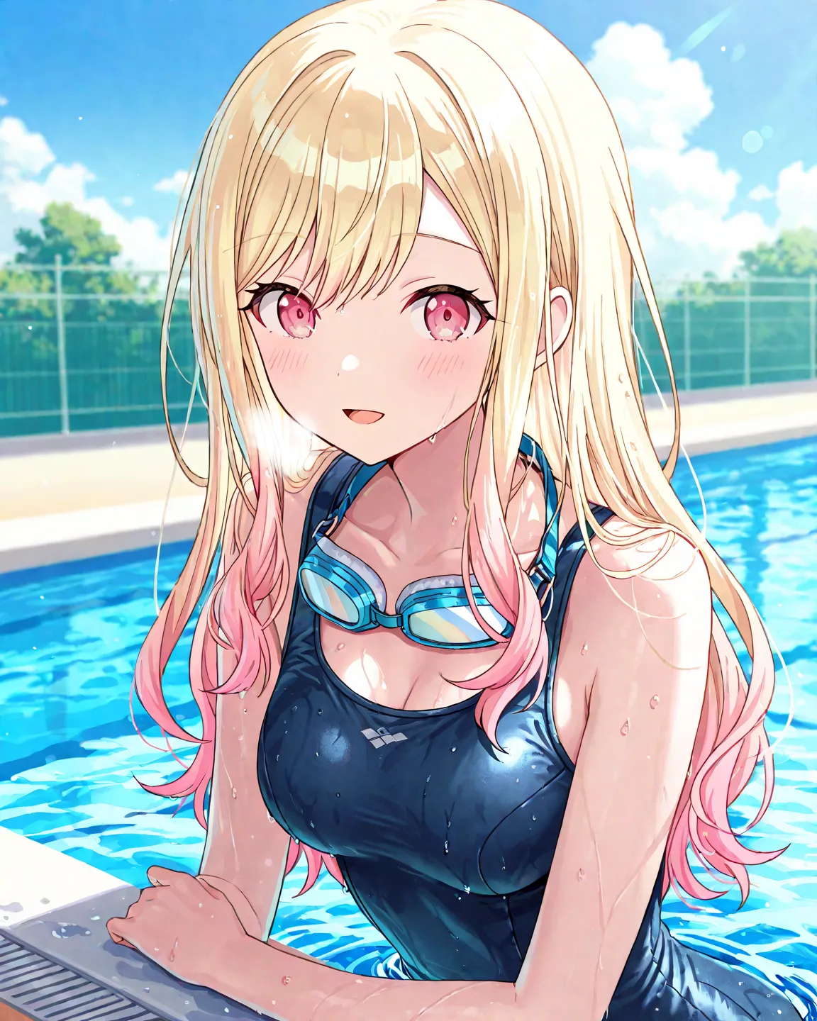 masterpiece,best quality,detailed,highly detailed,ultra detailed,extremely detailed CG,high resolution,4K,8K,solo,1girl,tenma saki,long hair,straight hair,,project Sekai:1.4,pink eyes,blush,steam,medium breasts,school swimsuit,school pool side,summer,outdo...