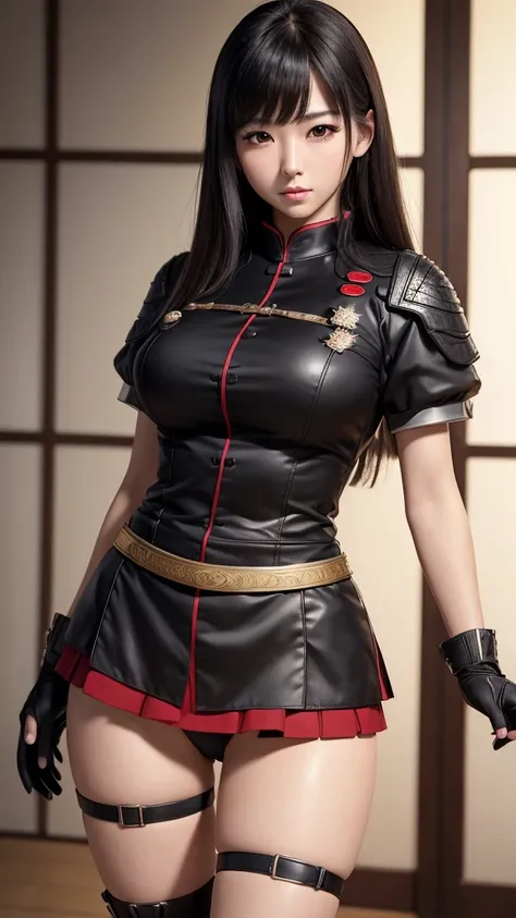 (masterpiece), (best quality), (photorealistic:1.3), 8k, fine skin texture, Japanese woman、Beautiful breasts、black髪、Heavy bangs、blackい瞳、miniskirt、Combat Uniform、white、black、red、 