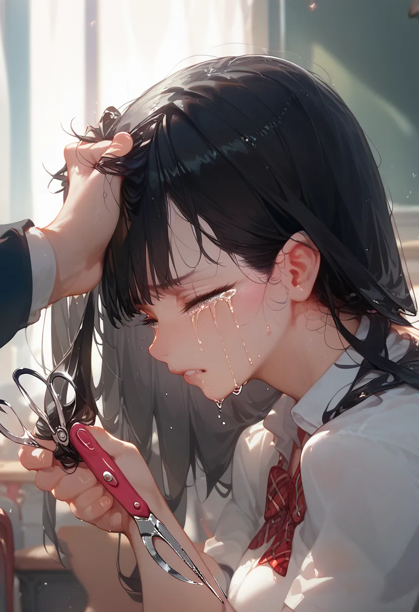 High school girl, black hair, short hair, some long hair, crying, someone grabbing the girl's hair, cutting hair with scissors,