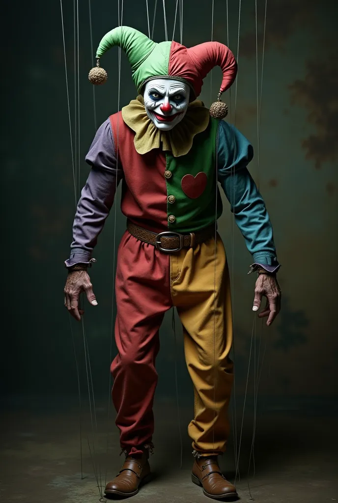  full-body depiction of a jester, controlled like a puppet by invisible strings. His limbs are unnaturally pulled in different directions, as if he is being forcefully manipulated. His face is filled with pain, tears streaming down his cheeks. His colorful...