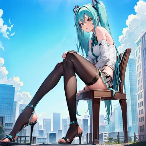 Hatsune Miku sits on a chair and stares, giggle, Daunting, Leading, Training, Looking down at the little guy ,  perspective , Black pantyhose, thick bottom, stiletto sandals, short skirt, super long legs, charming purple eyeshadow, lipstick masterpiece