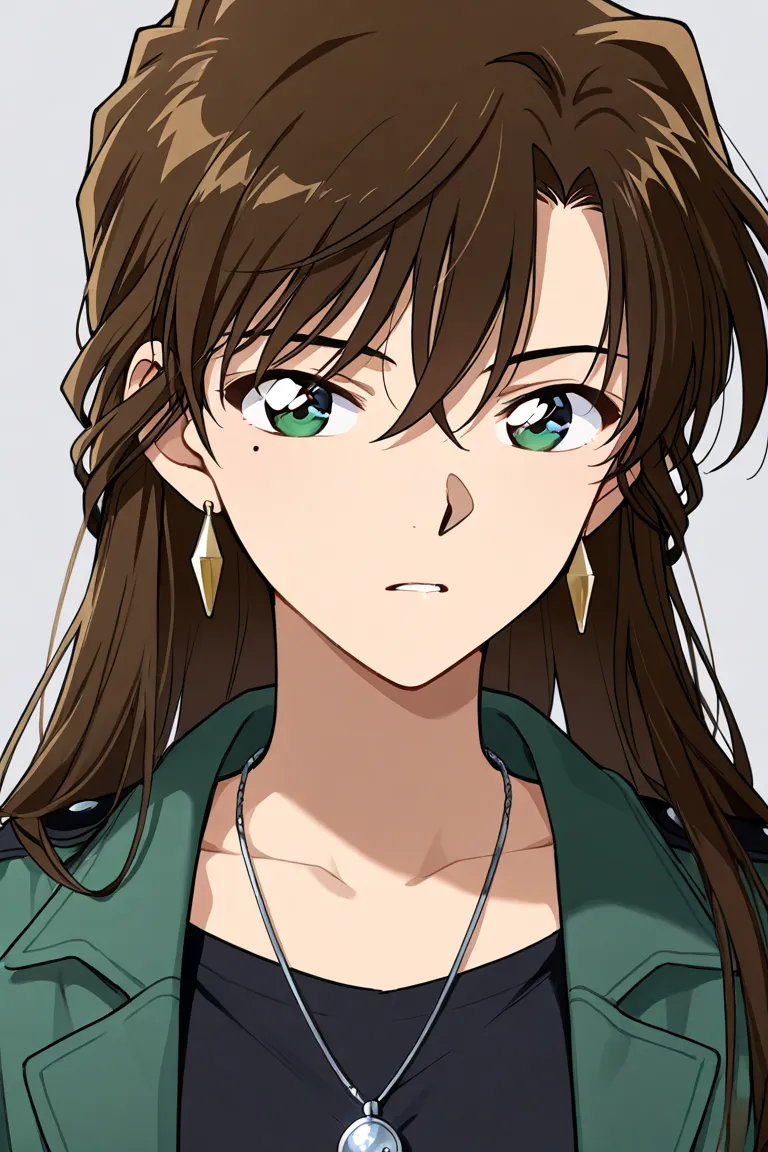  anime digital artwork, inspired by “Detective Conan”of a person with long, straight brown hair covering one eye. The individual has light skin and green eyes, with a distinctive mole above the lip on the left side. They are wearing a green jacket with bla...