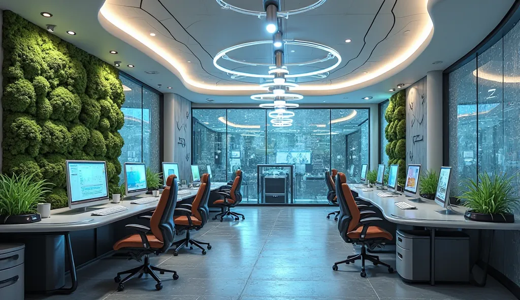 "Design an extremely small office workspace for 4-6 staff, blending futuristic sci-fi aesthetics with biophilic design for maximum efficiency and comfort. The ceiling features soft, curved edges with hidden LED strips, providing dynamic ambient lighting.

...