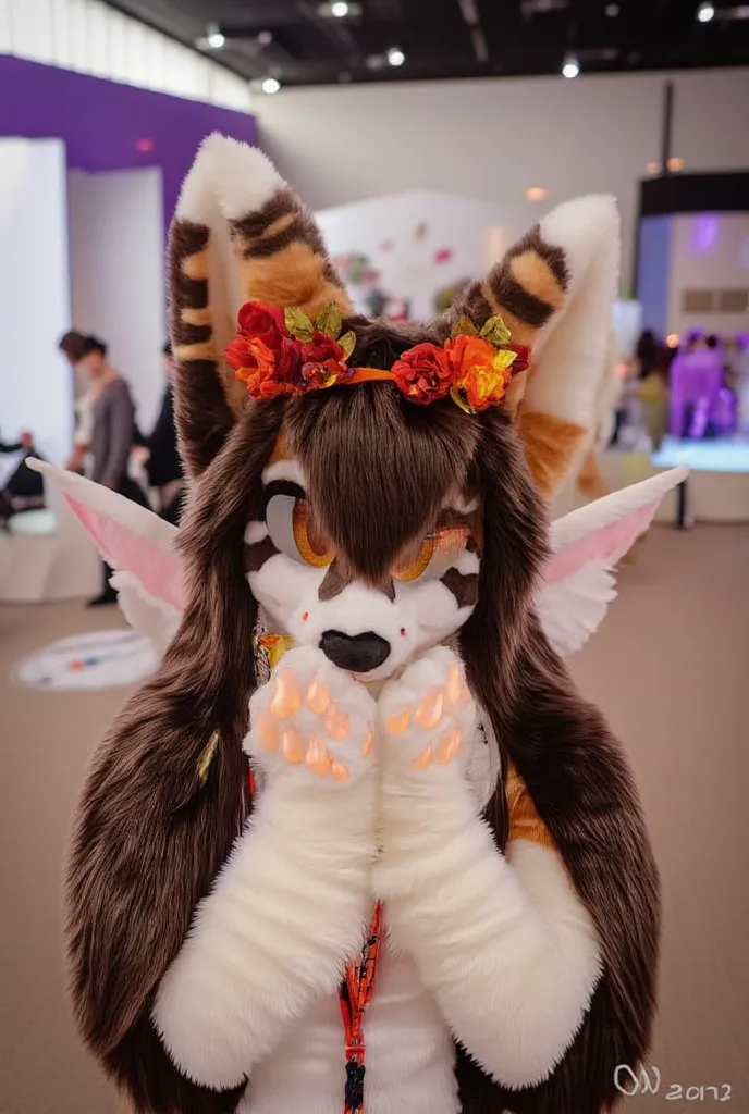 cute fluffy autumnal fennec fox girl with long dark brown hair, with eyelashes, orange flower crown, in a convention center, with angel wings, ears piercings, hands over her mouth, orange eyes, black nose