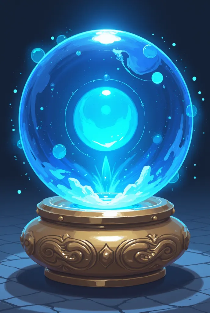  Anime style. Blue magic sphere inside brass ornate disk, straight on view, ((anime aesthetic)) simple colours